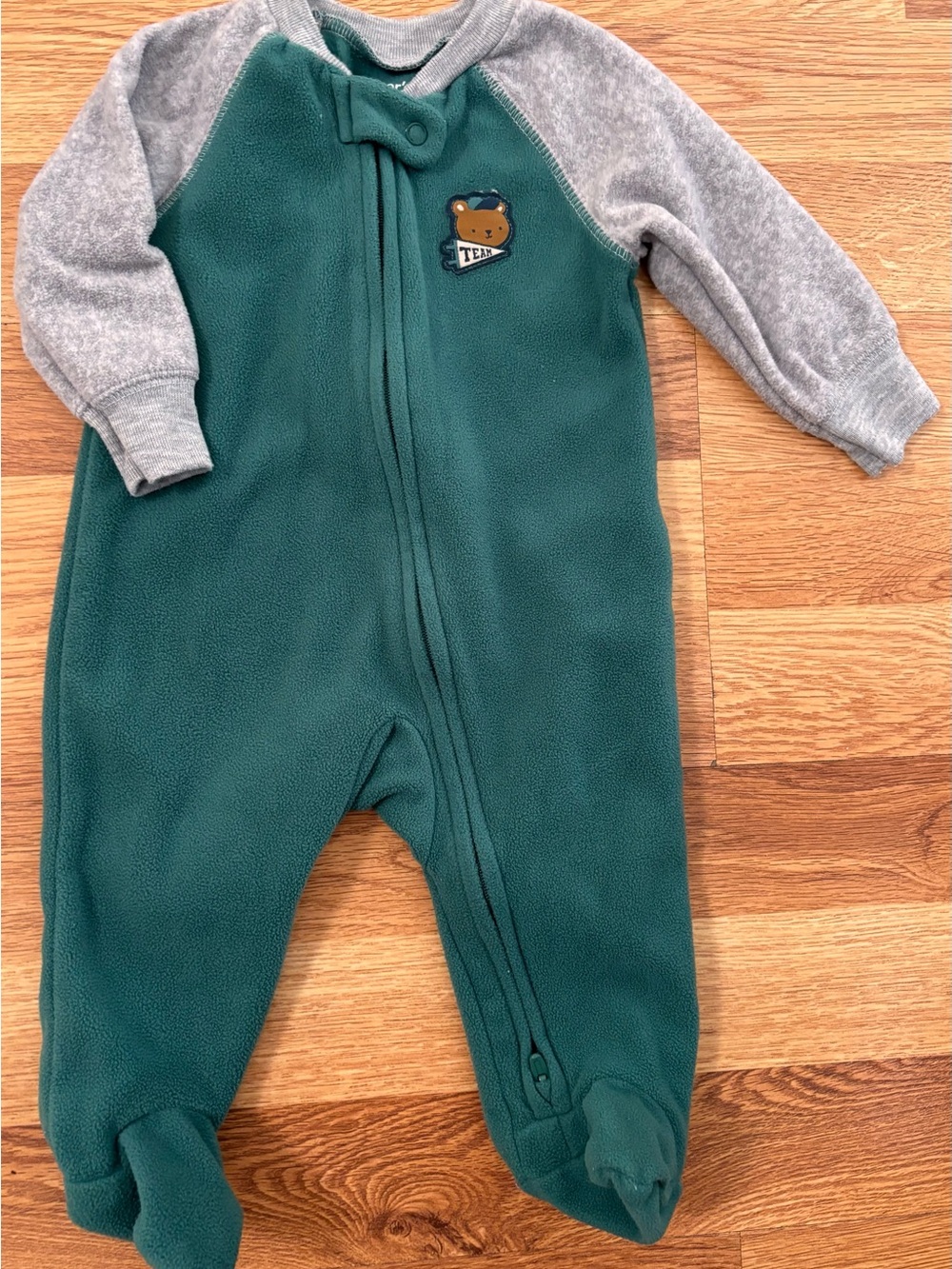 Carter's Green Fleece Footed One-Piece with Gray Sleeves